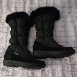 Coach Theona Black Rabbit Fur Lined Puffer Canvas Knee High Zipper Boots Size 6B